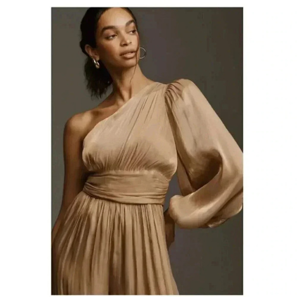 NWT By Anthropologie One Shoulder Metallic Gold Bronze Wide Leg Sheen Jumpsuit - Picture 2 of 8